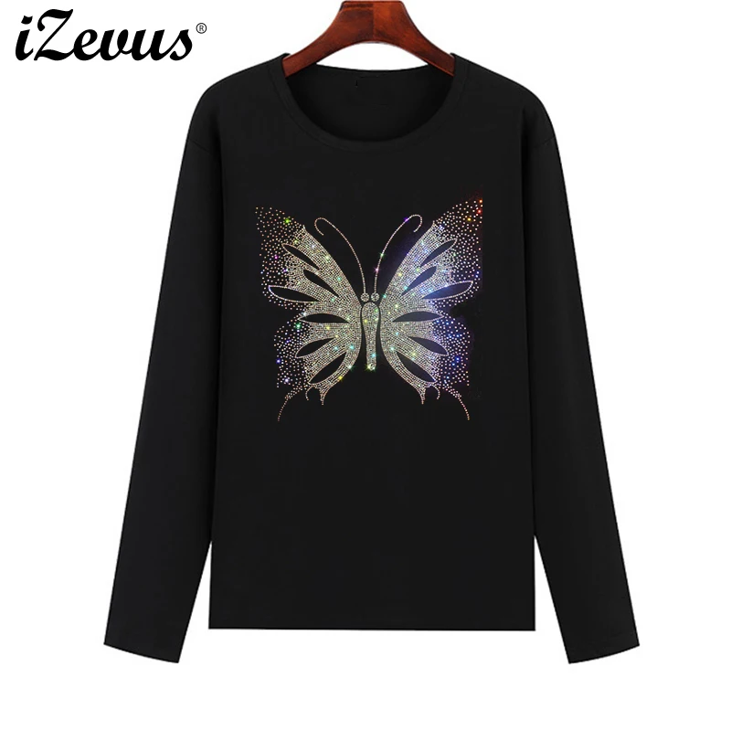 Hot selling high quality women's clothing Fall long-sleeved T-shirt iron drill super shiny beautiful butterfly soft T-shirt