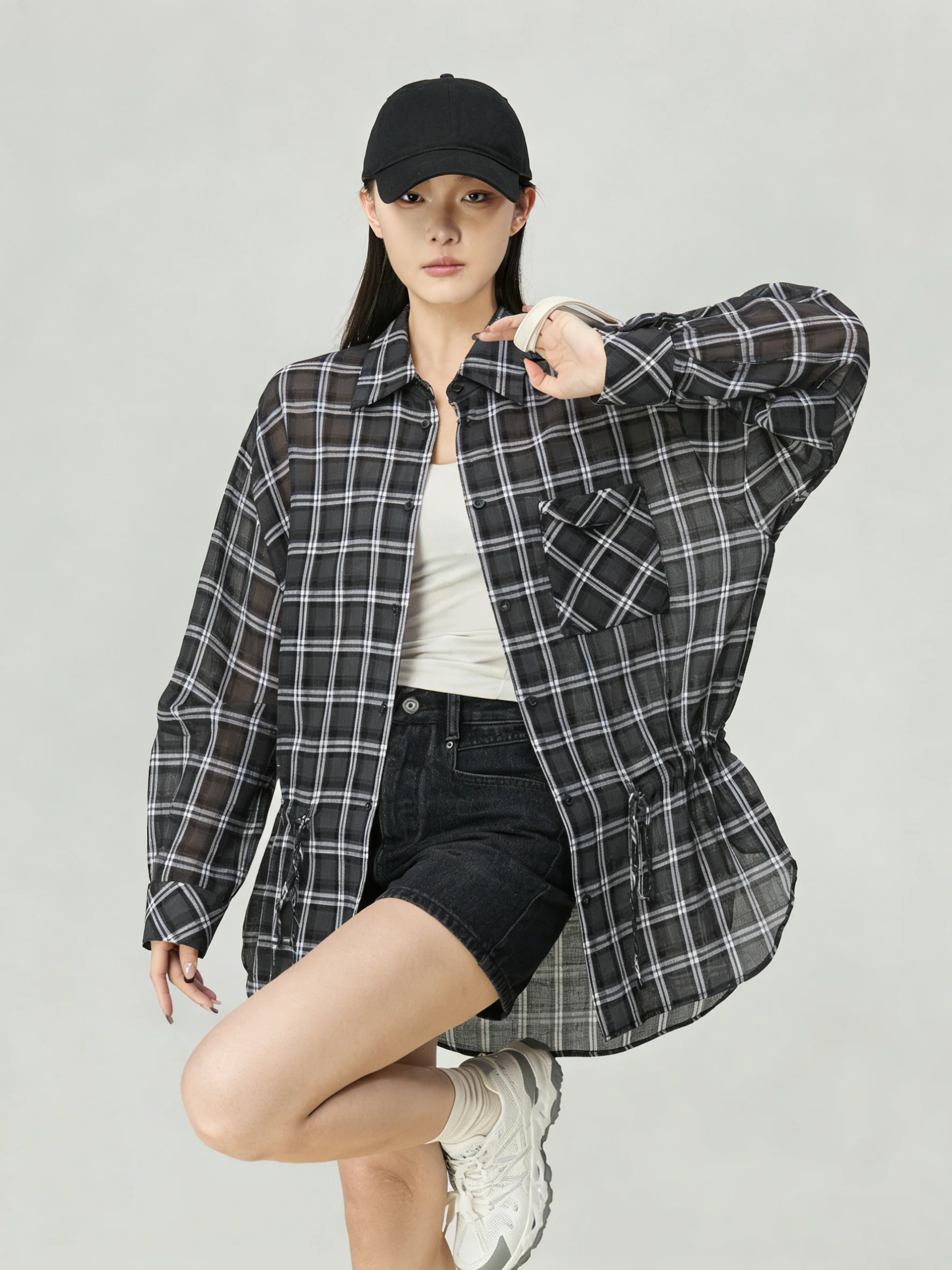 

Модная черная клетчатая рубашка с длинными рукавами и завязками, женская верхняя одежда в деловом стиле, тонкая весенняя повседневная свободная рубашка из полиэстера