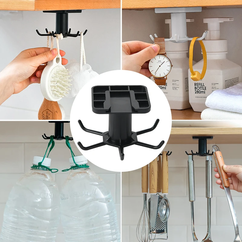 Rotating Multi-Purpose Hooks Folding Wall-Mounted Holder Rack Kitchen Hook Self-Adhesive Hook Utensil Rack with 6 Hooks