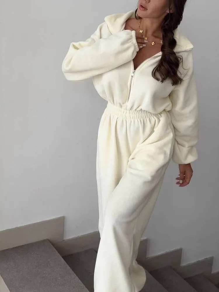 

Spring Autumn Women's Faion Long Sve Jumpsuit Casual f Open Front Elastic Waist Ensemble Straight Leg Long Pants Poly...