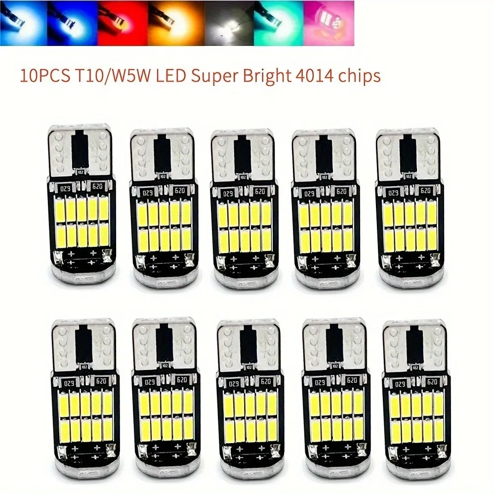 10pcs red LED Light Bulb T10 W5W 194 501 Led Bulbs Decoding No Error Car Interior Light Roof 26 Light Beads, Decoding 4014
