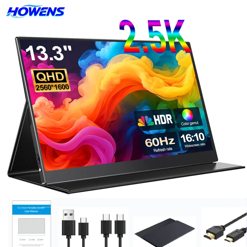 HOWENS 2.5K Portable Monitor 13.3 inch 2560x1600 External Display 16:10 Second Monitor Screen Type-C HDMI for Xbox Switch Phone
