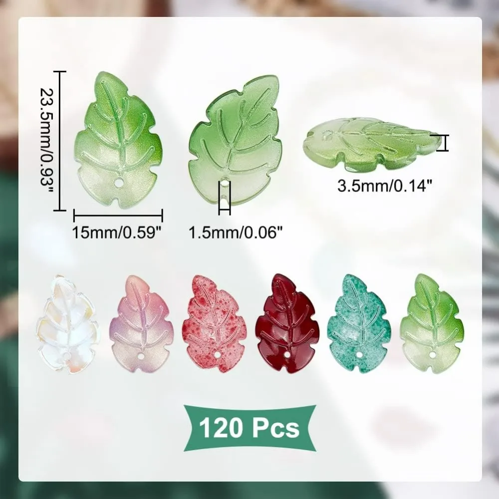 120Pcs Clear Glass Leaf Pendants Randomly Mixed Color Transparent Leaves Charms with Loop Crystal Colorful Frosted Loose Flat