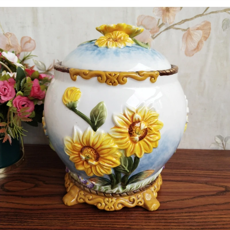 European-style hand-painted ceramic sunflower sealed jar New house TV cabinet wine decorative tea food storage