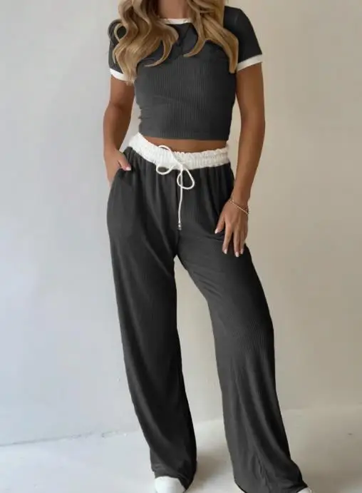 

Two Piece Set Women Outfit 2025 Summer New Solid Color Round Neck Short Sleeved Crop T-Shirt & High Waist Straight Leg Pants Set