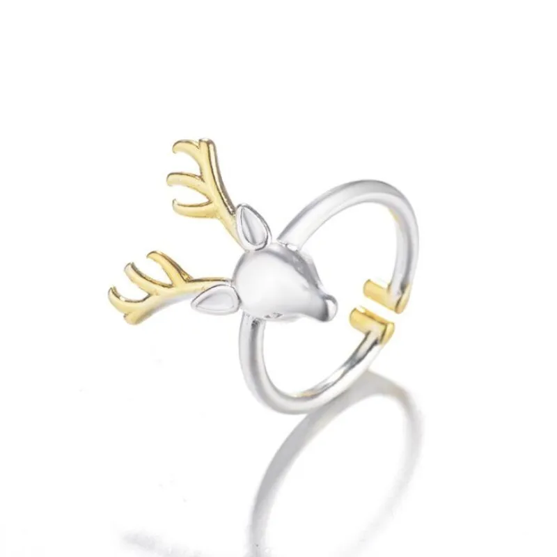 Cartoon Cute Animal 925 Sterling Silver Elk Deer Golden Antlers Open Rings For Women Girl Student Jewelry XR232