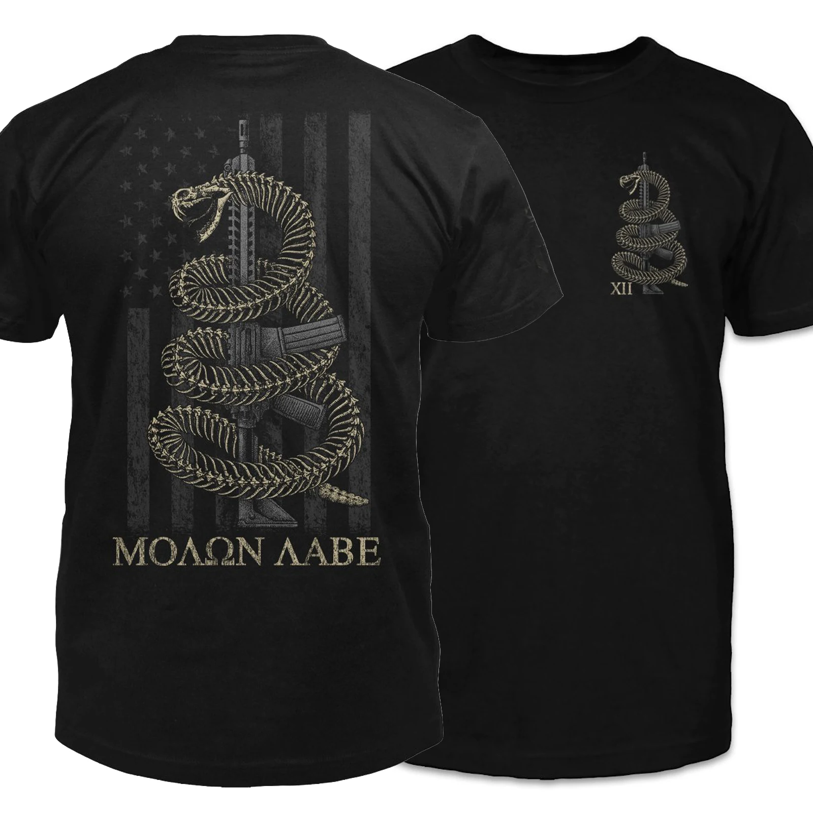 Unique Molon Labe American Flag Rattlesnake Skeleton Twining Rifle T-Shirt. Premium Cotton O-Neck Short Sleeve Mens T Shirt New