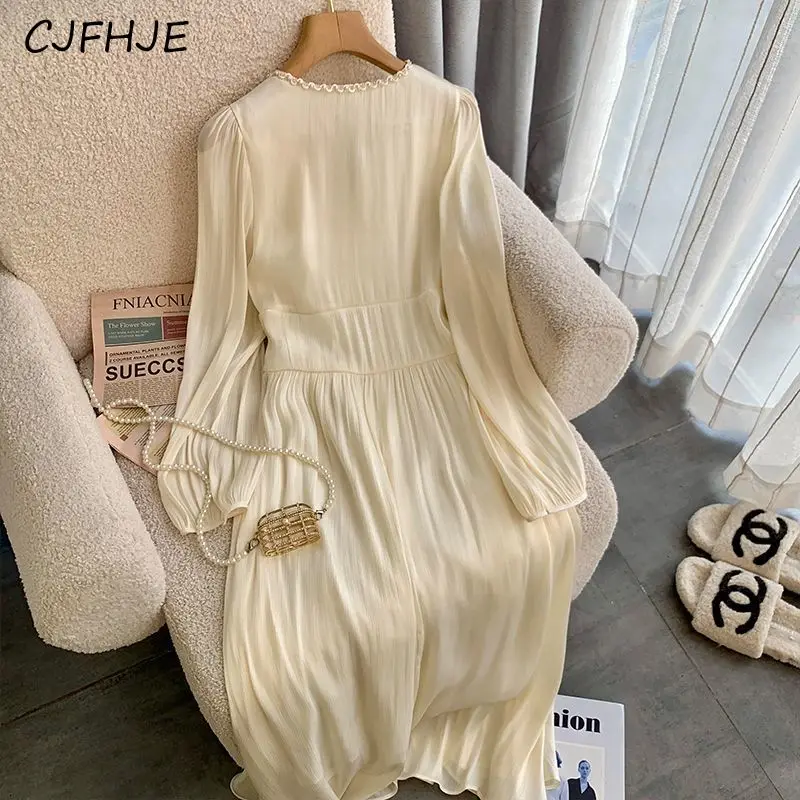 CJFHJE Spring Women's Fashion V-Neck Temperament Dress Small Fragrance Sweet Sen Series Waist Wrapped Retro Apricot Long Dresses