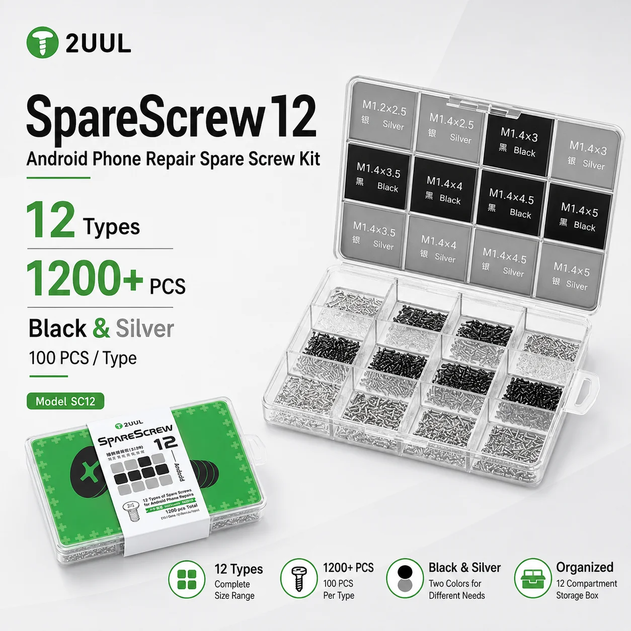 2UUL SC12 SpareScrew12 Android Phone Repair Screws Kit 1200Pcs Black Silver 12 Types Charging Port Spare Screw Set