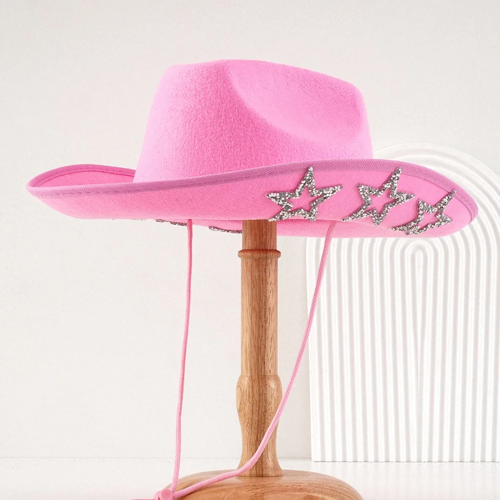 

Classic Shiny Western Cowboy Hat Star Glitter Wide Brim Cowgirl Hat Sunscreen Punk Summer Hat Stage Performance