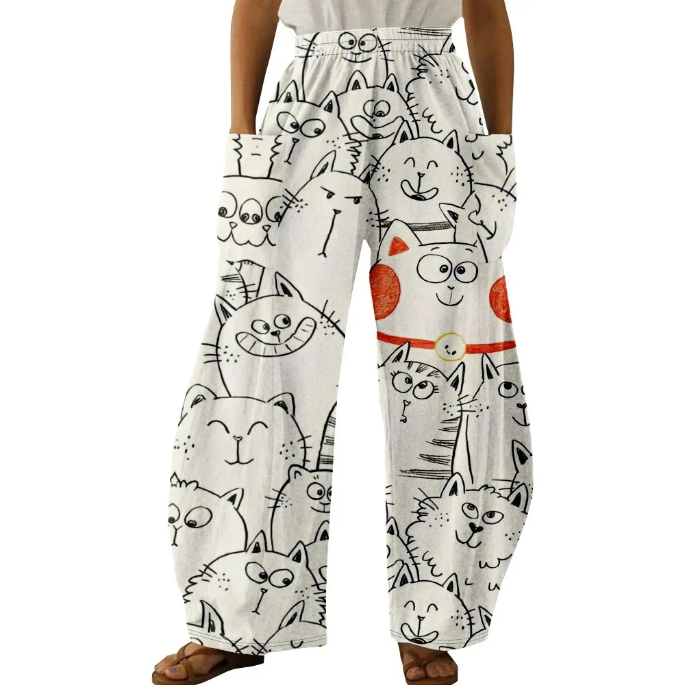 Wide Leg Pants Full Length Cute Kitty Cats Graphics Pattern Printed Hipster Fashion Summer Streetwear Trousers Women Clothing