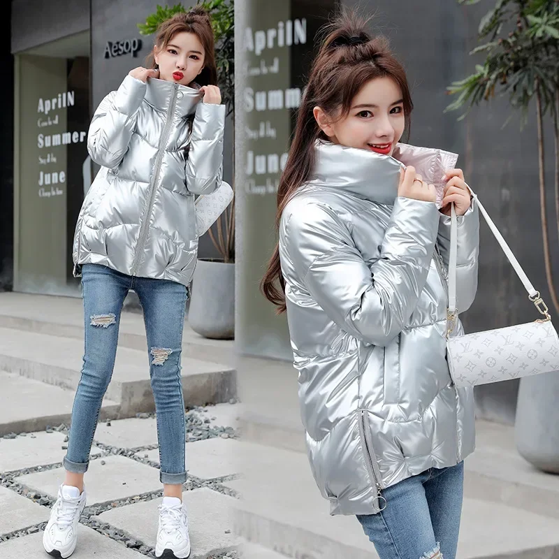 Light-reflecting Jacket Women Winter Warm Bread Parka Short Padded Casual Thick Stand-callor Oversized Cotton Coat Femme Parkas