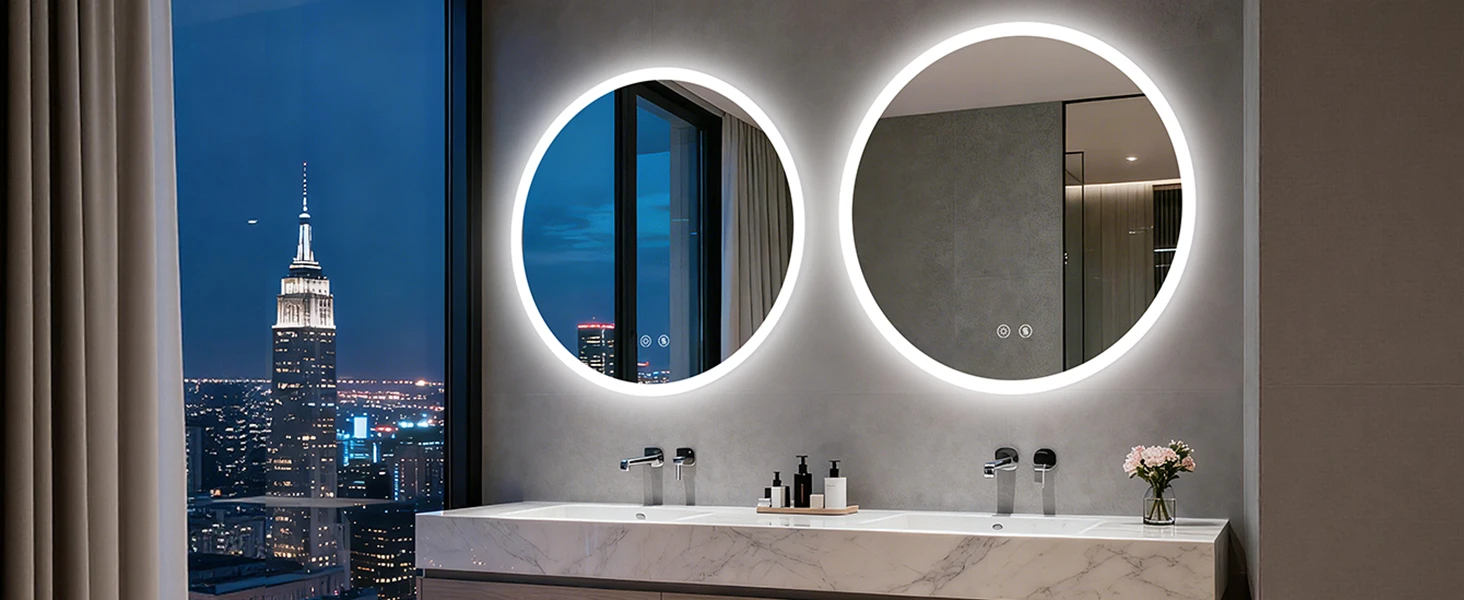 Round LED Bathroom Mirror 500 600 700 800 900mm Wall Vanity Mirror with Aluminum Frame, Anti-Fog, Stepless Dimming, 3000K/4000K/6000K,Memory Function, Backlit, Dual Buttons
