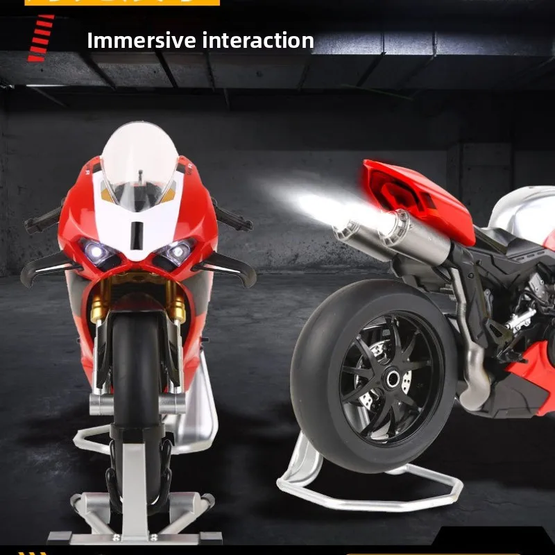 1:9 v4r tubo de escape duplo alta simulação liga metal diecast modelo motocicleta som e luz caixa presente aniversário para menino
