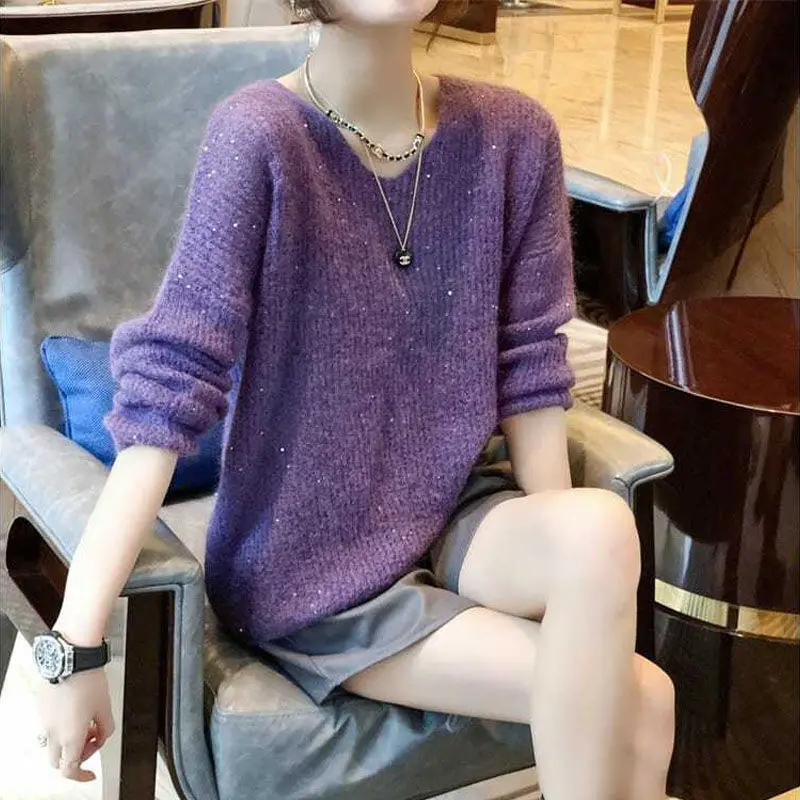 Lady Korean Loose V-Neck Solid Sweaters Pullovers Women's Clothing Autumn Winter Temperament All-match Long Sleeve Knitted Tops