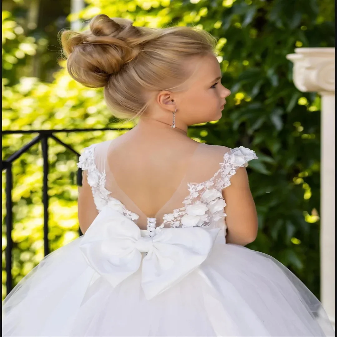 فساتين الفتيات زهرة بيضاء زين رقيق الاطفال أكمام س الرقبة الدانتيل جديد القوس جميلة الأميرة الزفاف مخصص ملابس رسمية