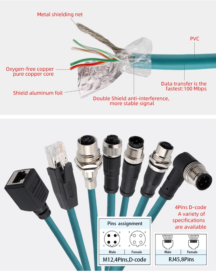 Ethernet M12 connectoer M12 8pin X code male to M12 4pin D code female with 500MM CAT6 green PVC drag chain