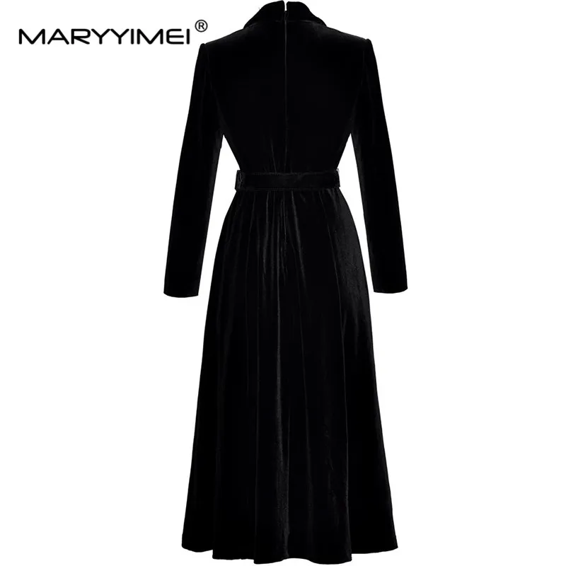 MARYYIMEI Women\'s New Style Vintage Designer Dress Notched Long-Sleeved Striped Design Lace-UP Slim Fashion Midi Dresses