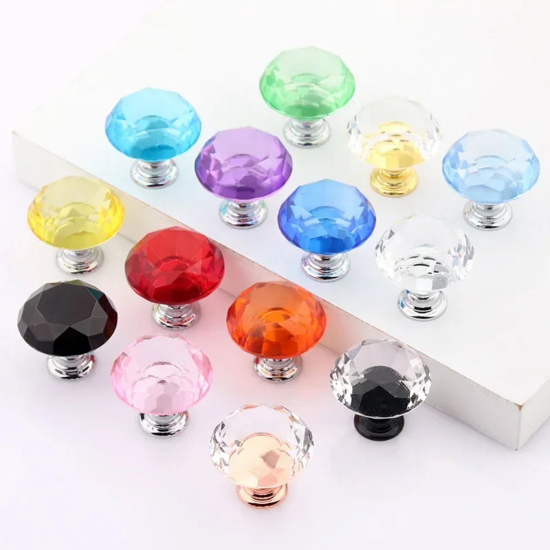 1Pcs Crystal Clear 30mm Colorful Diamond Handle Furniture Hardware Aluminum Alloy Wardrobe Shoe Cabinet Drawer Door Handle