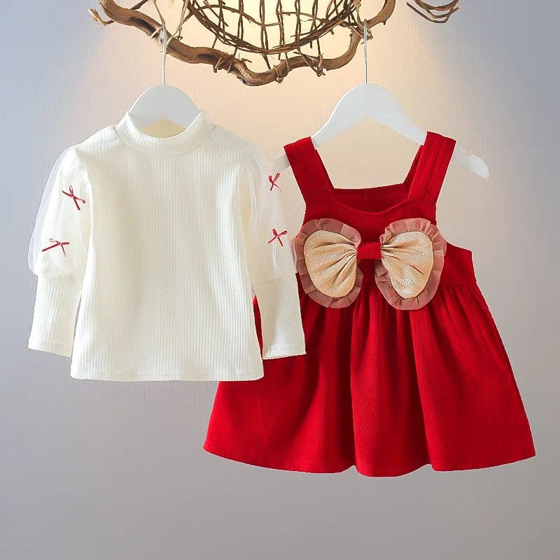

2Piece Sets Spring Autumn Kids Girls Clothes Korean Cute Bow Red New Year Princess Dress+White Tops Baby Boutique Clothing BC023