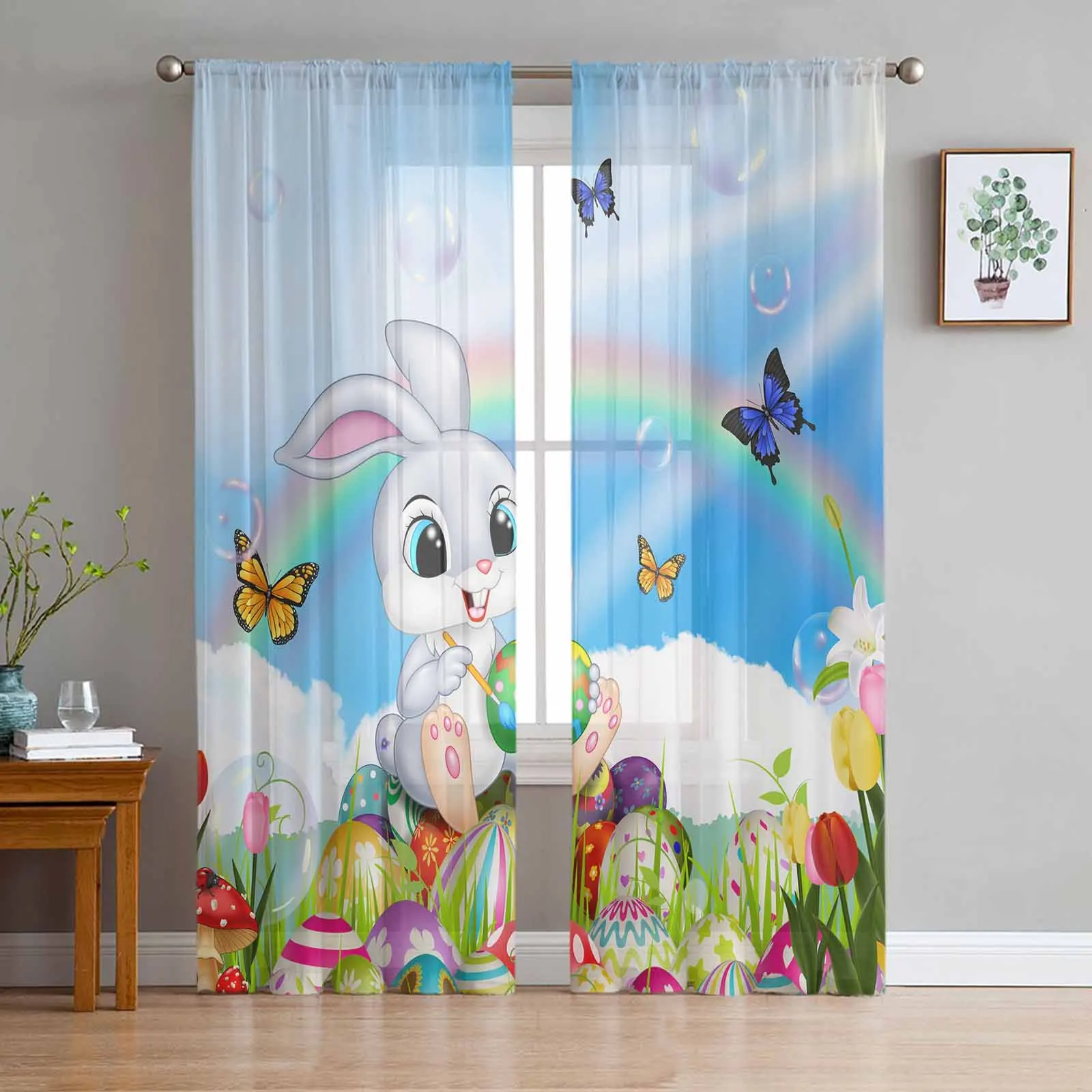 Easter Egg Bunny Cartoon Butterfly Voile Curtains for Bedroom Window Tulle Curtain for Living Room Sheer Blinds Drapes