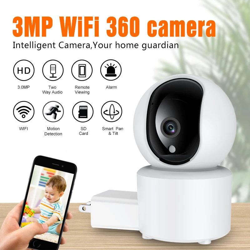 

360-камера Tuya, 3 мп, wi-fi, ик, беспроводная, 2-сторонняя аудиосистема, для системы видеонаблюдения, цвет белый