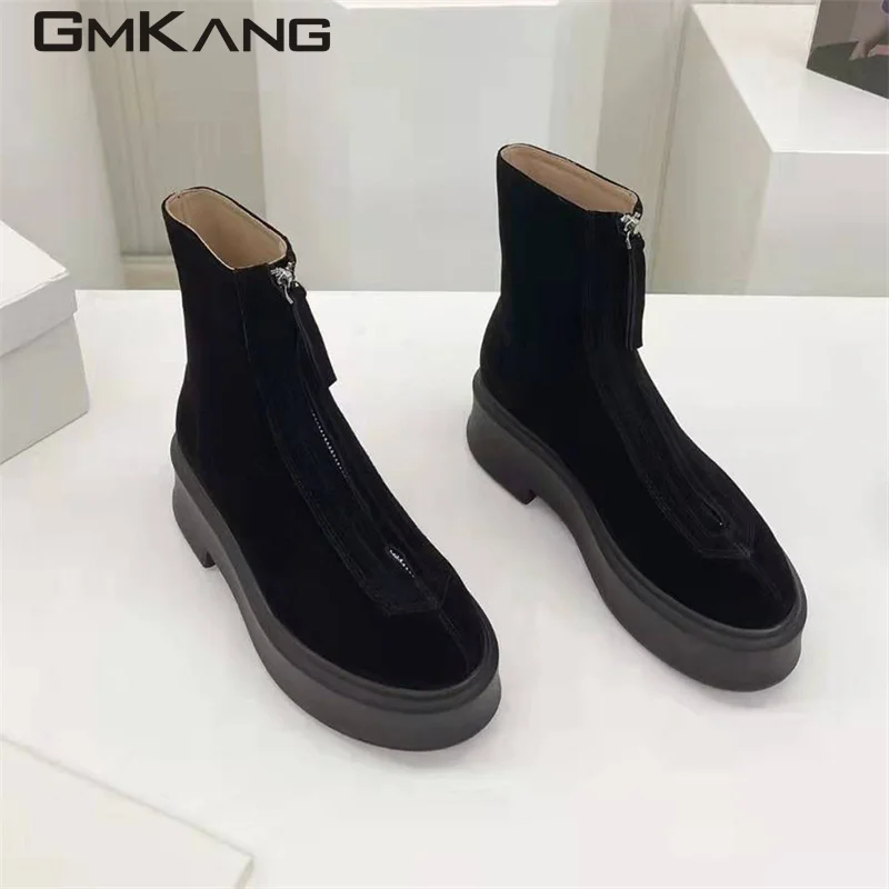 Autumn Winter Thick Sole Knight Boots Women Front Zipper Real Leather Ankle Boots Luxury Quality Motorcycle Boots Female Botas