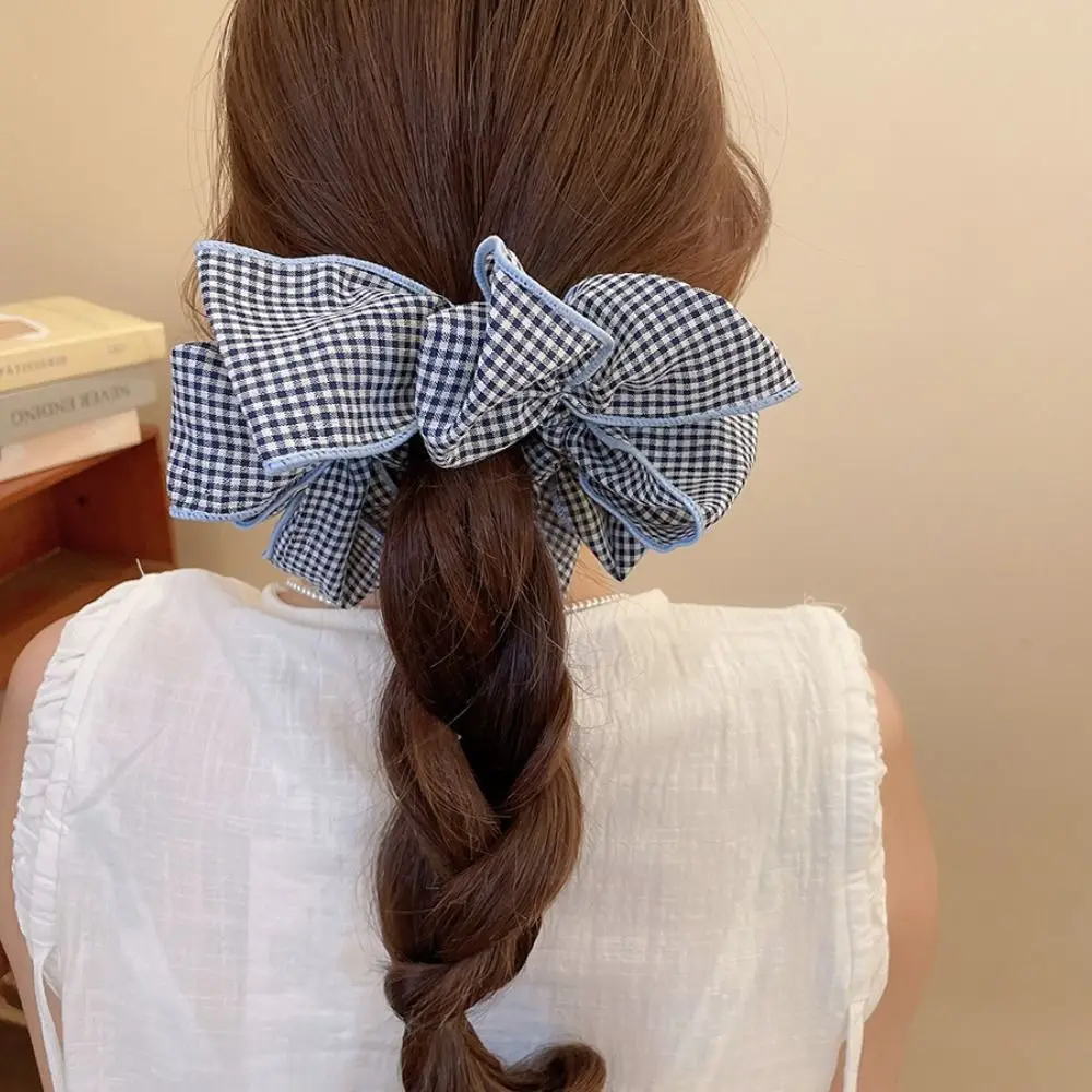 

Trendy Elastic Flower Hair Scrunchies Sweet Korean Style Blue Plaid Hair Ring Ponytail Holder Cloth Lattice Hair Tie Daily