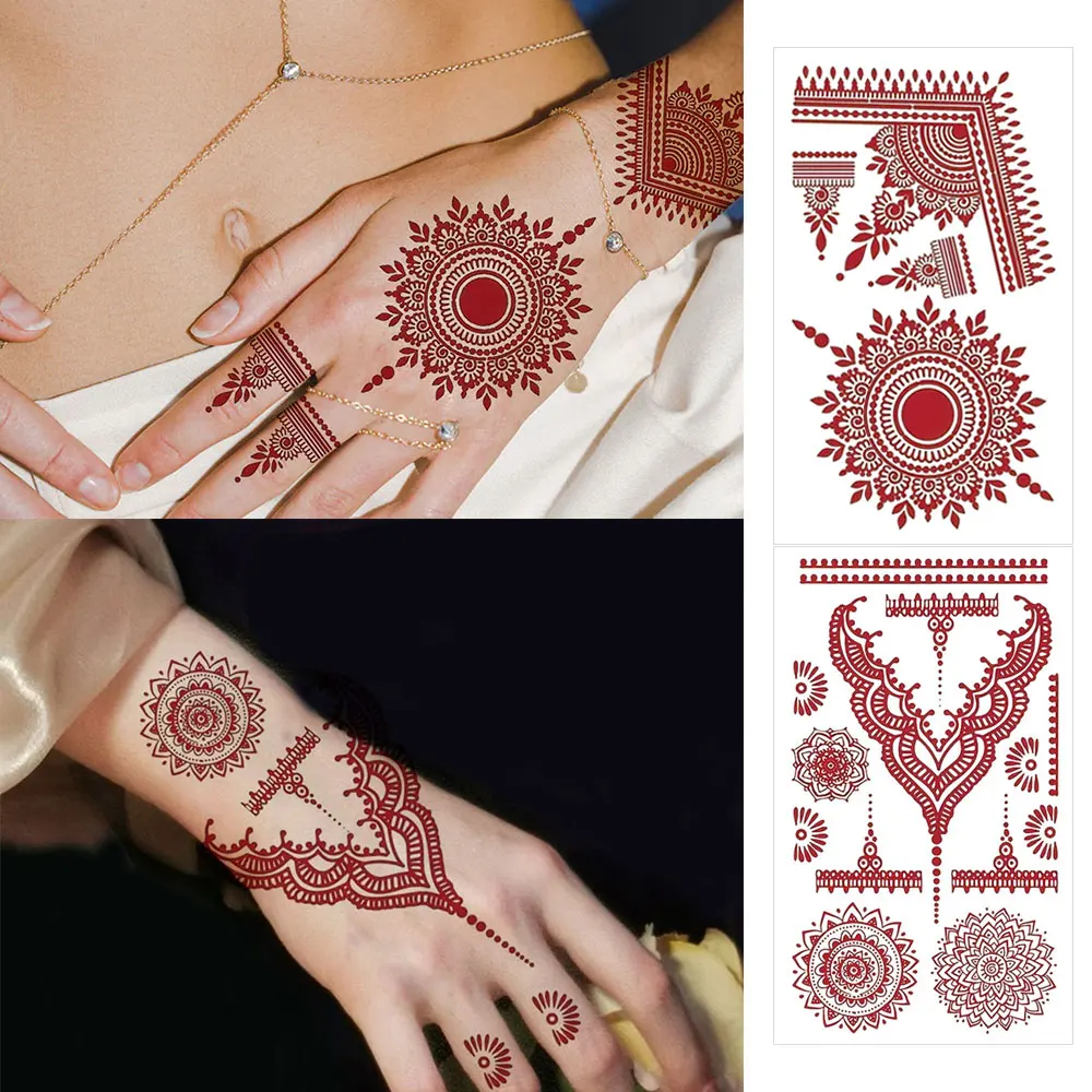 

2pcs Red Henna Tattoo Sticker for Hand Waterproof Temporary Tattoos for Women Fake Flower Henna Stickers