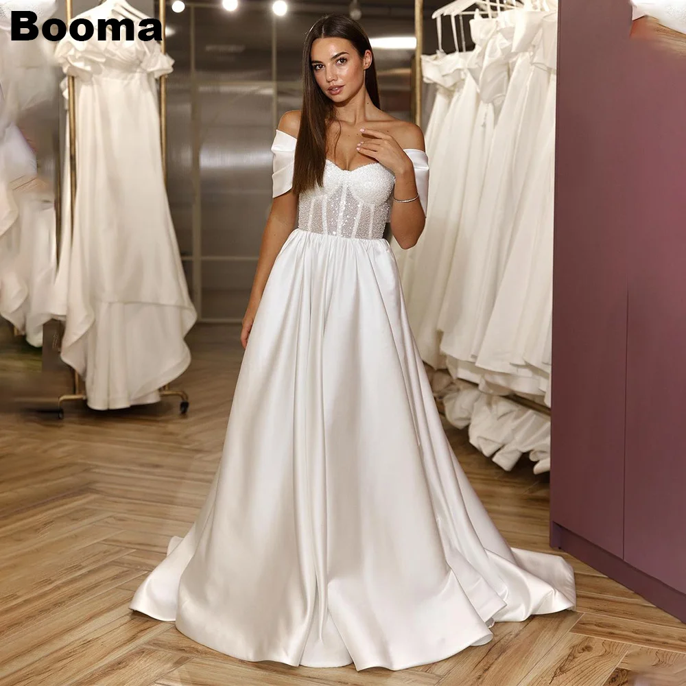 

Booma A-Line Stain Elegant Wedding Dresses Off Shoulder Sequined Brides Gowns Boning Corset Bridals Party Dresses for Women