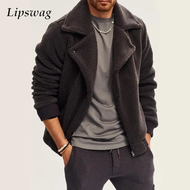 

Vintage Lapel Zipper Fleece Jackets Mens Fall Winter Outdoor Casual Solid Color Wool Jacket Trendy Men's Outerwear