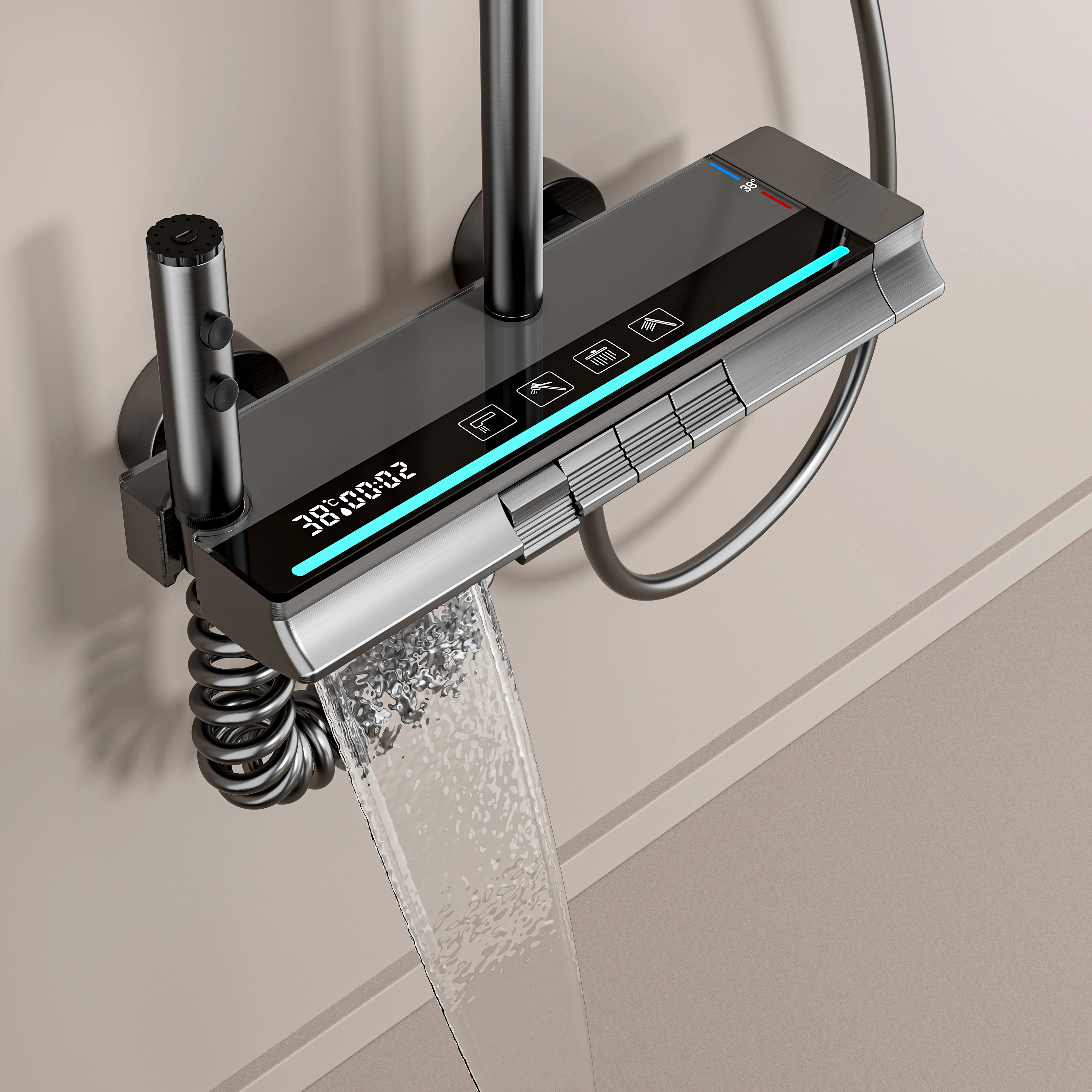 LED Light Rainfall Shower Heads Solid Aluminum Digital Display Piano Keys Shower Set System