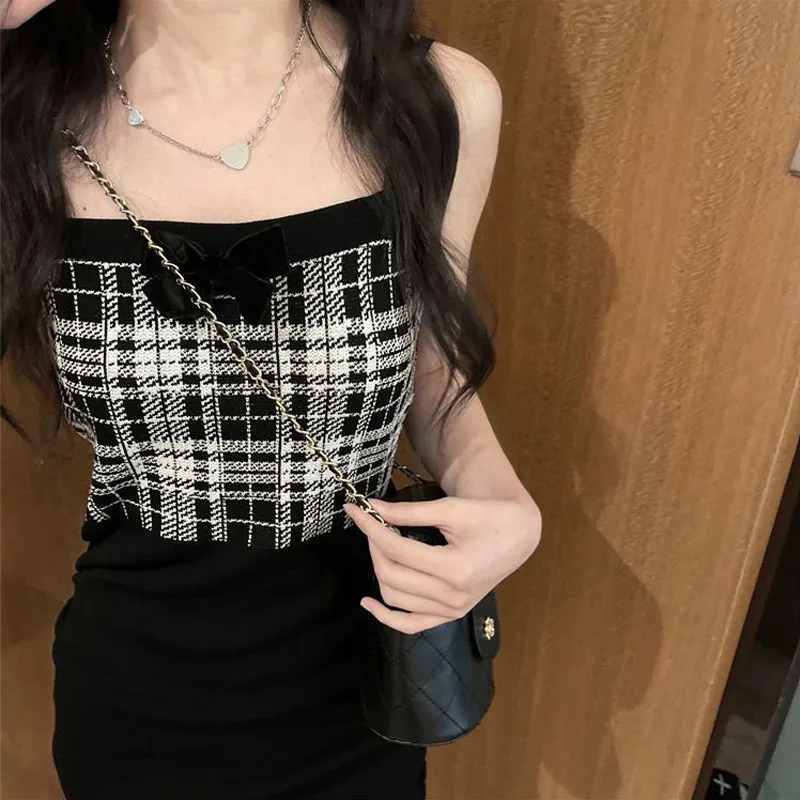 Temperament plaid camisole skirt, summer ancient style, knitted top up skirt, 2023 new tight fitting bottom dress for women