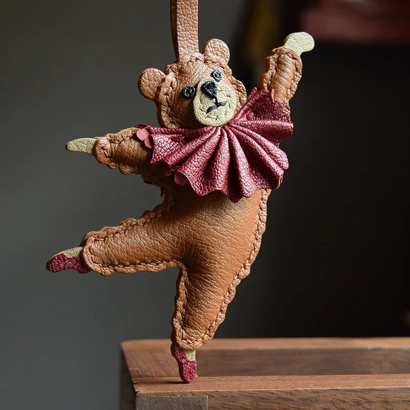 Ballet Dancing Teddy Bear Genuine Leather Handmade Bag Charm Pendant,Keychain Hanging Ornament,Handbag Purse Decor Accessories