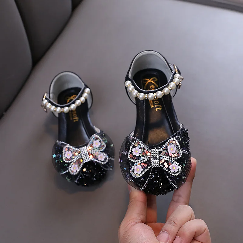 AINYFU Summer Girls Sequins Princess Sandals Children Lace Bow Pearl Sandals New Baby Kids School Party Shoes Size 21-36 J319