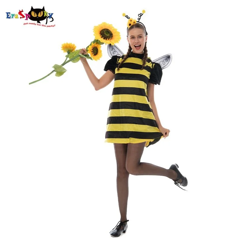 

Women Cute Short Sleeve Bumble Bee Costume Halloween Lady Animal Hat Wing Cosplay Dress Party Carnival Easter Purim Fancy Dress