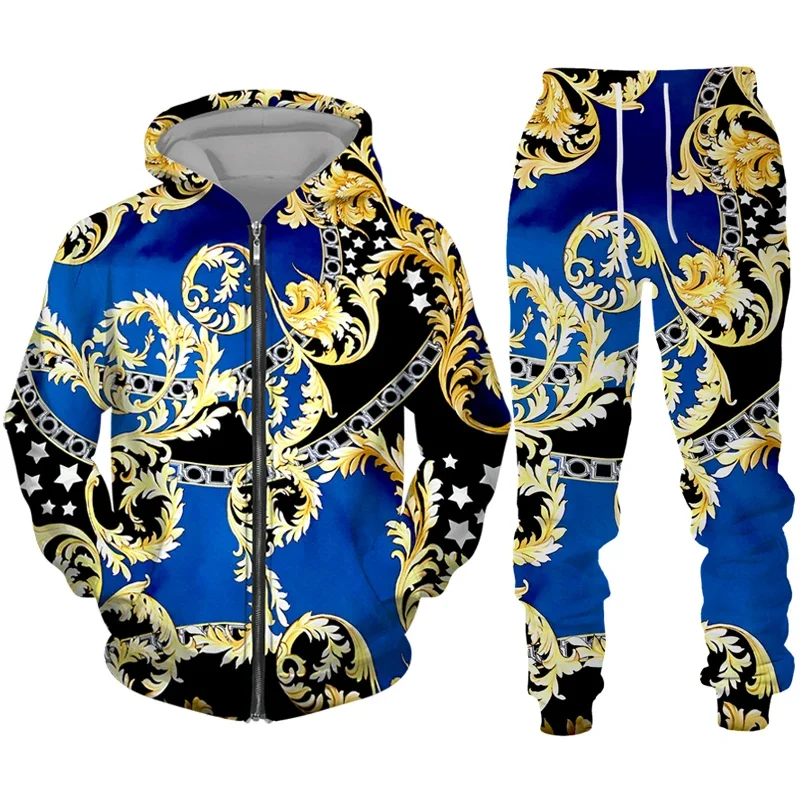 Men Zipper Tracksuit Set Luxury Golden Pattern 3D Printed Casual Hoodie+Pants 2pcs Sets Oversized Sweatshirt Fashion Men Clothes