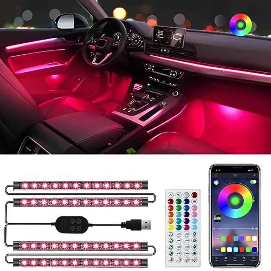 

【Spot goods】Car Interior LED Lights APP Control with USB Port RGB Color Change with Music Sync and DIY Mode 48 LEDs Lights for