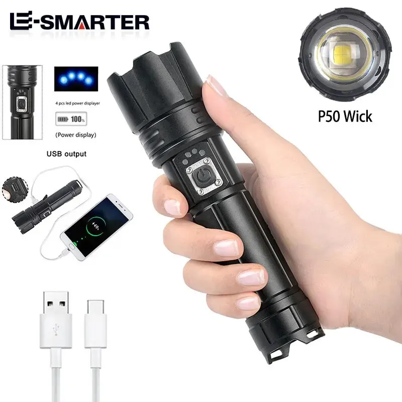 High Bright LED Tactical Flashlight Zoomable Torch 5 Lighting Modes Laser Wick Outdoor Waterproof Camping Adventure Hand Lamps