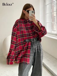 Bclout Vintage Plaid Rood Blouses Vrouwen 2022 Fashion Katoen Office Lady Losse Shirts Elegante Turn Down Kraag Pocket Party Shirts