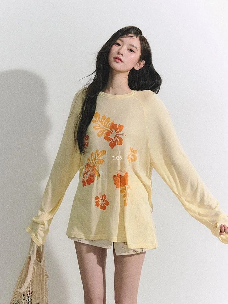 

Женская свободная футболка OIOI E с длинными рукавами, летняя футболка с защитой от солнца, тонкий повседневный удобный хлопковый топ с тропическим принтом