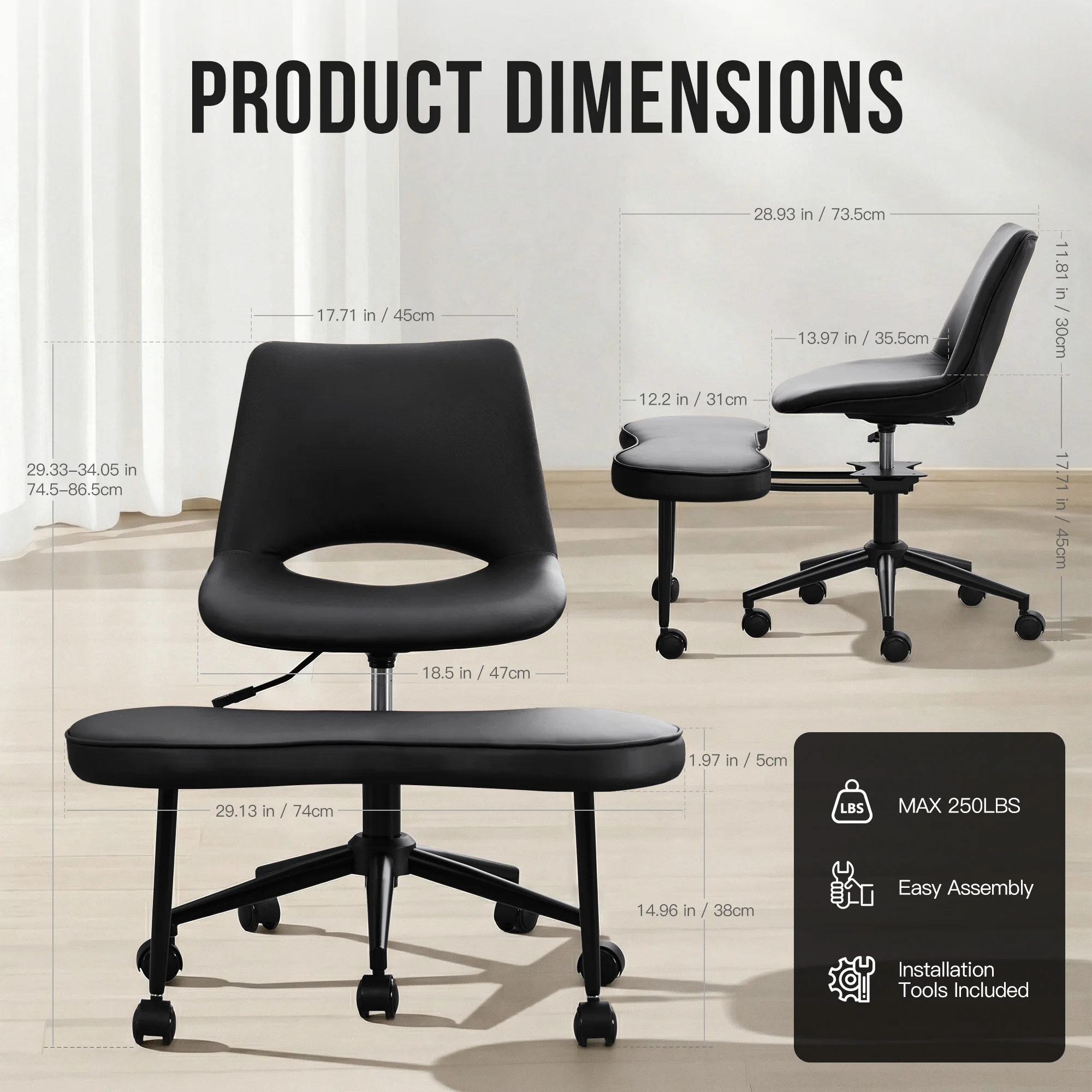 Ergonomic Cross-Legged Lounge Chair, Adjustable Height, Lumbar Support, 360° Swivel, Wide Seat, Sturdy Steel Base, Wheels, for Meditation, Yoga