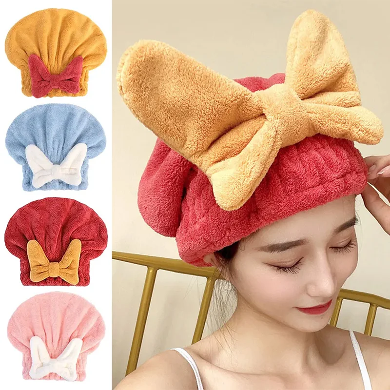 

Coral Velvet Hair Drying Towels Super Absorbent Turban Hair Towel Cap Quick Dry Head Wrap with Bow-Knot Shower Cap for Wet Hair