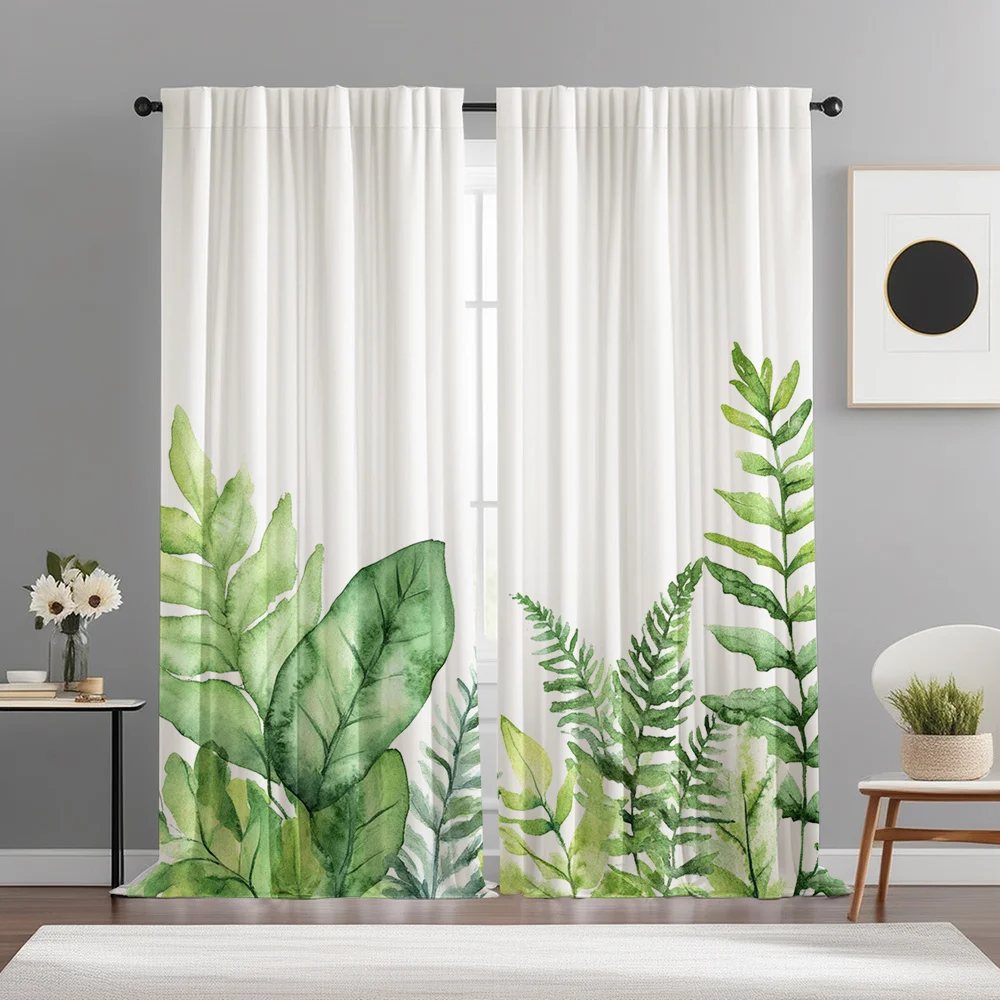 Watercolor Green Fern & Tropical Leaf Curtains Set of 2 Rod Pocket Nordic Minimalist Window Treatment for Living Room Bedroom