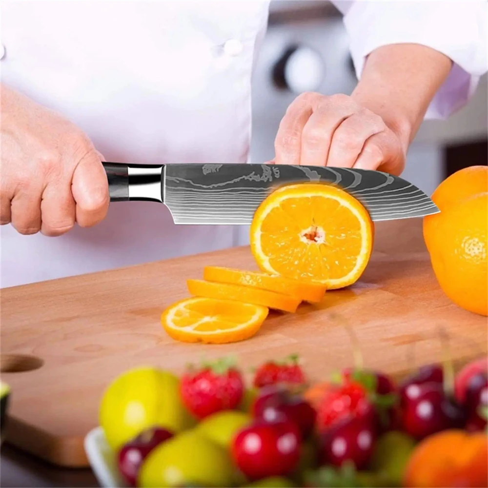 Japanese Kitchen Chef Santoku Knife Laser Damascus Pattern Professional Butcher Meat Cleaver Boning Fish Fruit Utility Knife image 5