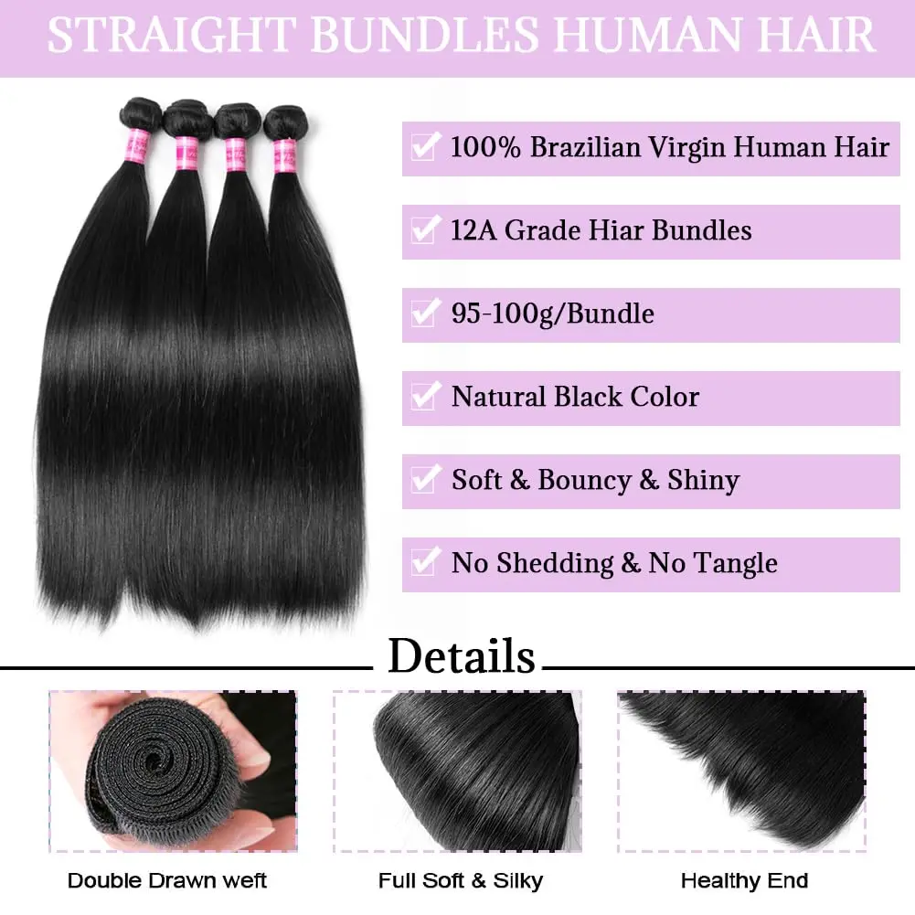 Straight Hair Bundles Human Hair Bundles 100% Unprocessed Brazilian Remy Virgin Hair Natural Black 1/3/4 Bundles 10A