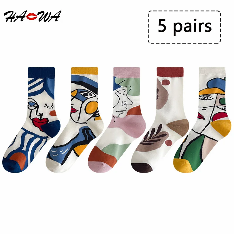 

HA WA 5Pairs/Lot Colorful Cartoon Socks Combed Cotton Creative Design Crew Socks Breathable Casual Fashion Soft Socks Gift