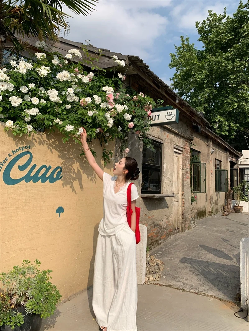 

Summer Thin Short Sleeve V-Neck T-Shirt Women's Lace Splice Set Vest Top Two-Piece Set Commute Style Casual Pure Color High W...