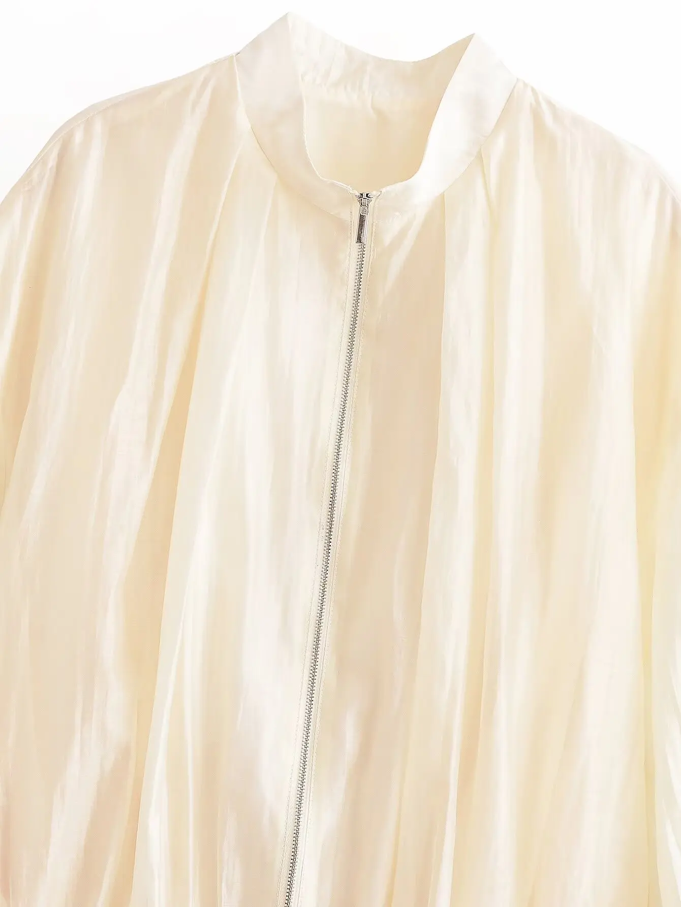 Women Stand Collar Zip Sheer Shimmer Jacket, Loose Long Sleeve Outerwear, Creamy White