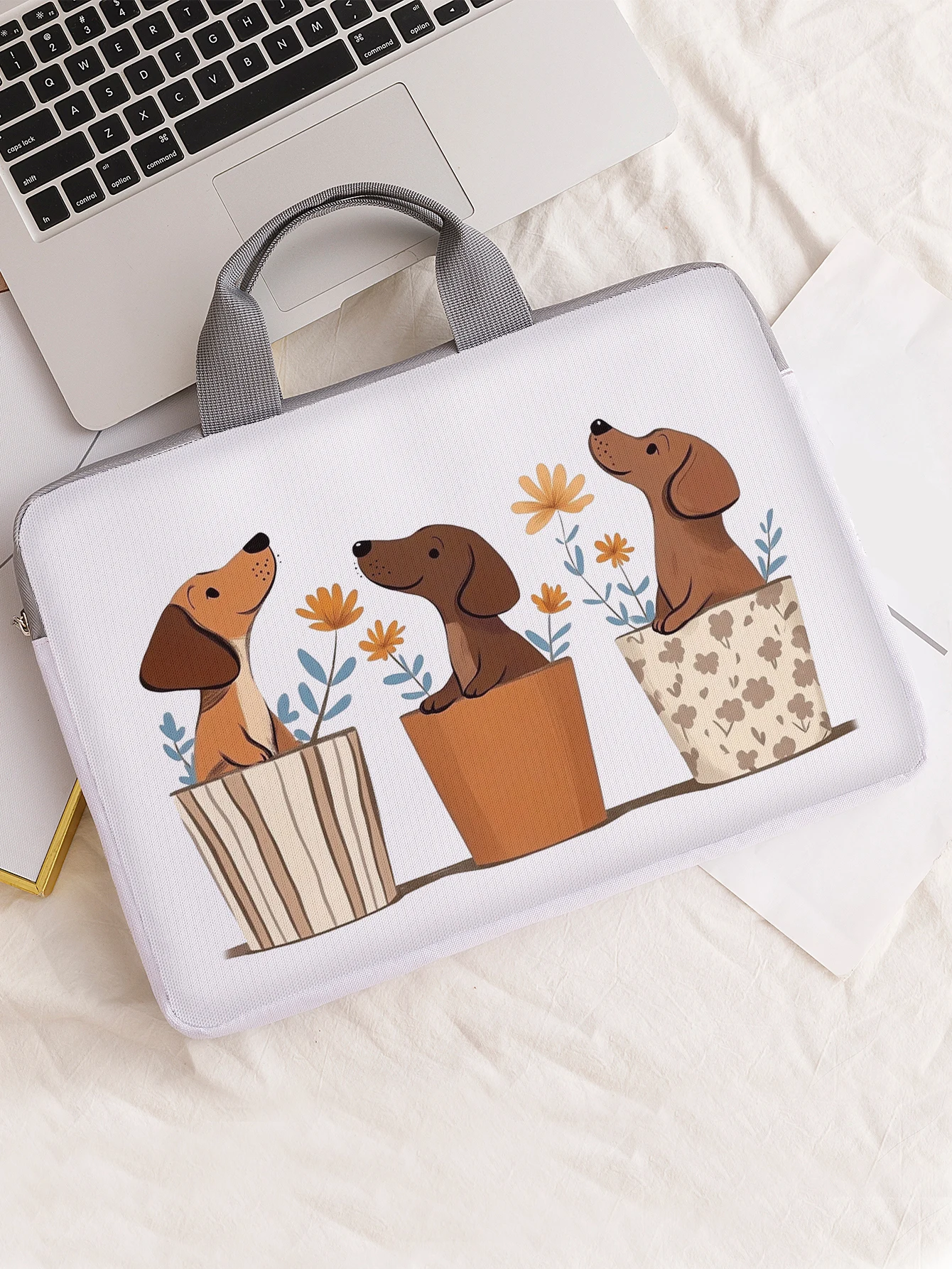 One Set, Two Styles, Dachshunds in Flower Pots Pattern Printed Laptop Sleeve, Briefcase, Suitable for 14-inch Laptops